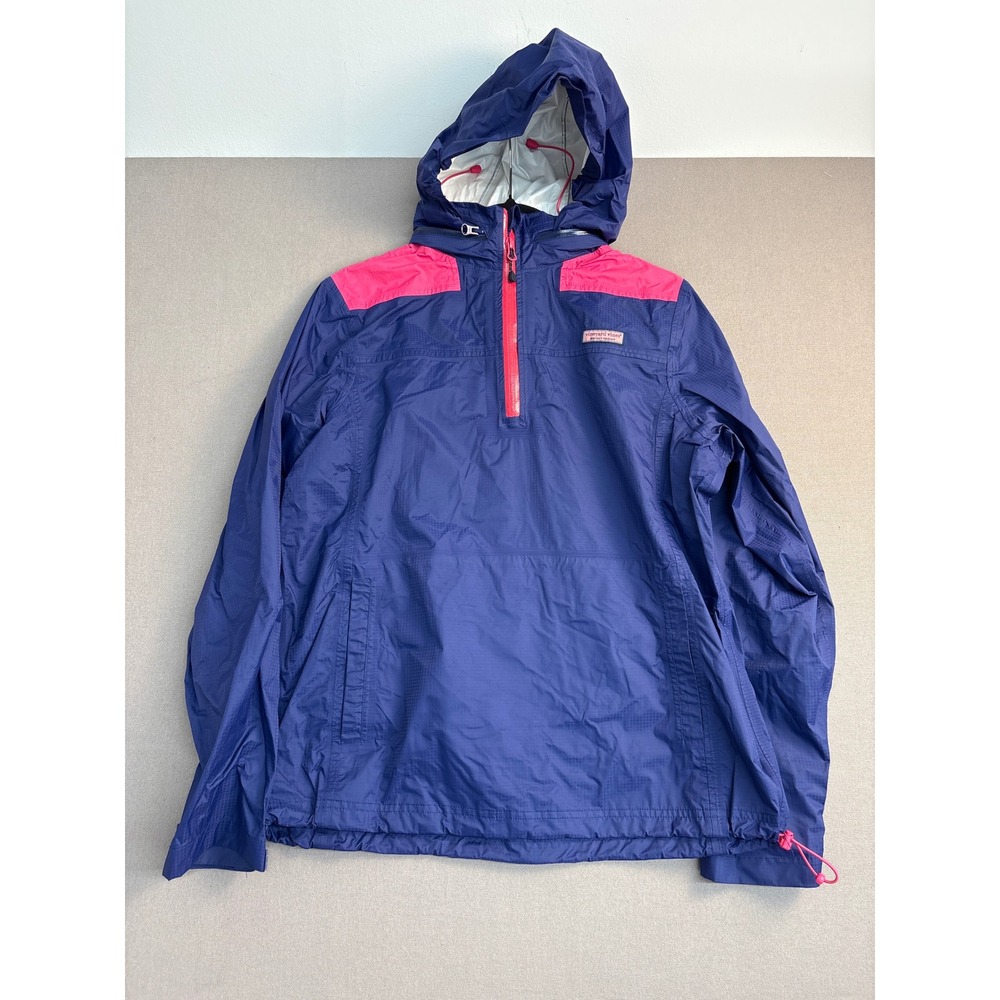 Vineyard Vines Womens Navy Pink Ripstop Nylon Quarter Zip Hooded Anorak Jacket S